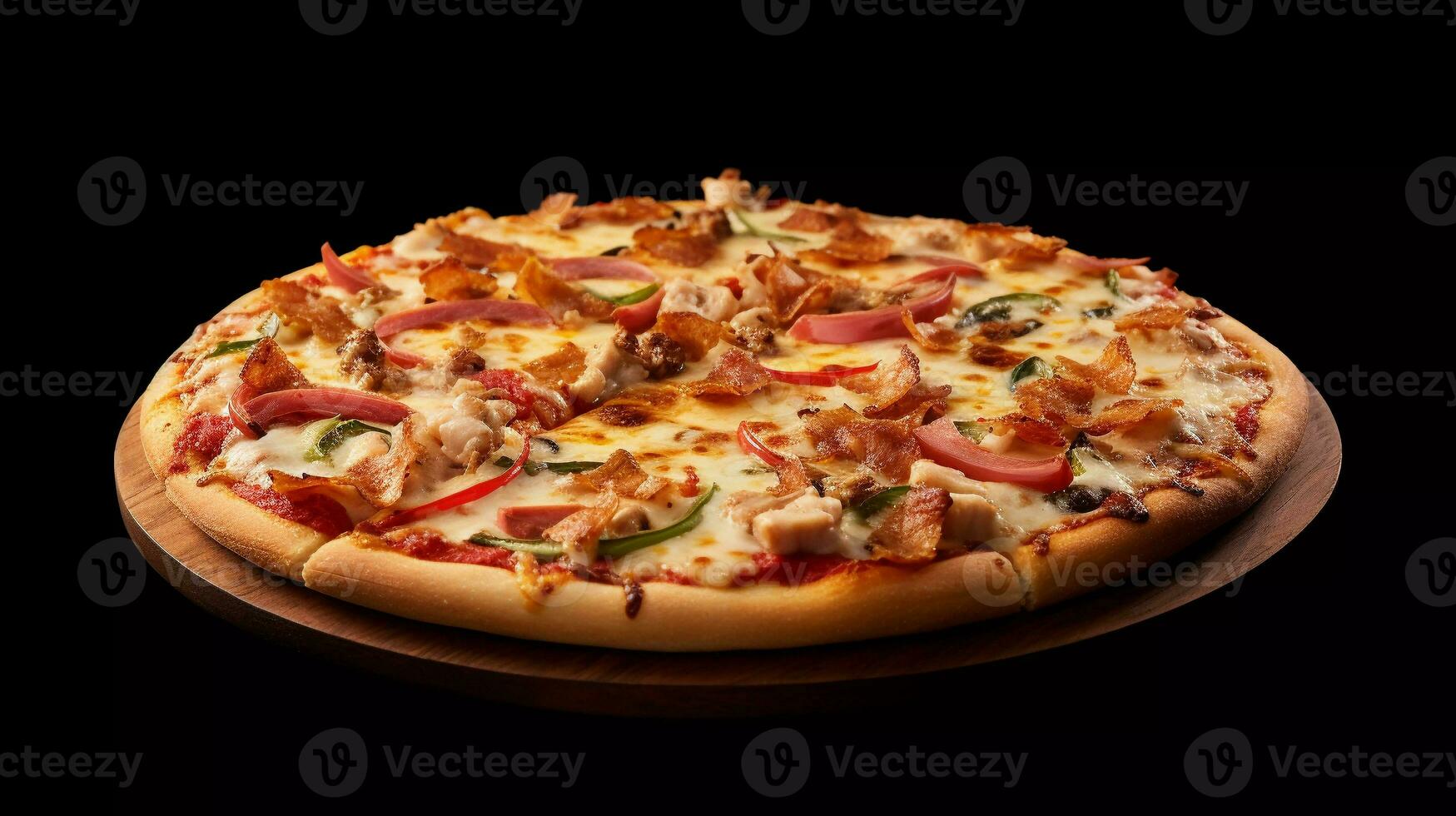 delicious pizza, composed with mozzarella cheese, American cheese, meat, red sauce, with three difference cheese as toppings photo