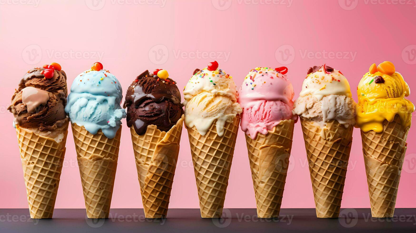 Set of various flavour of ice cream scoops in waffle cones with sprinkles decoration on bright background photo