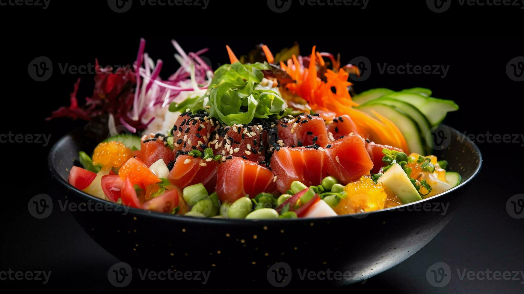 Delicious Japanese poke bowl presented in a professional studio with elegant black background photo