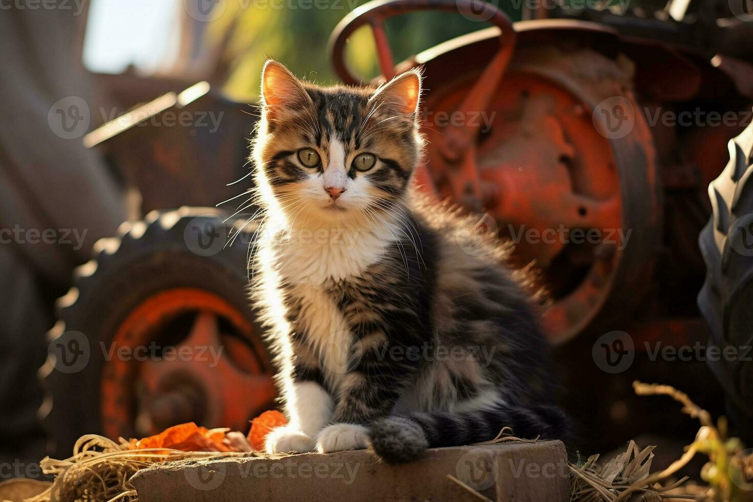 linda gatito en pequeño granja. gatito con gracioso Mira foto