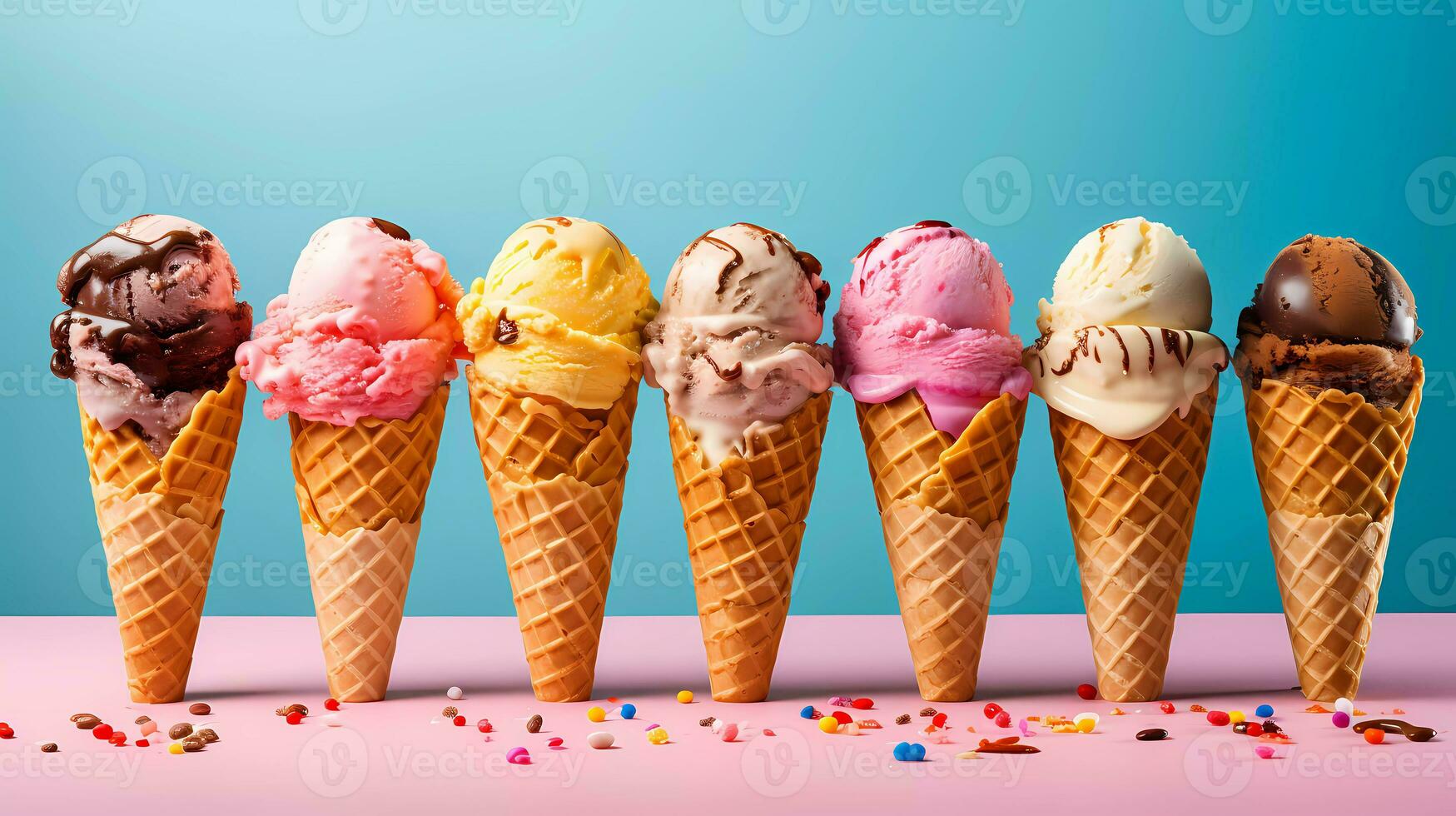 Set of various flavour of ice cream scoops in waffle cones with sprinkles decoration on bright background photo