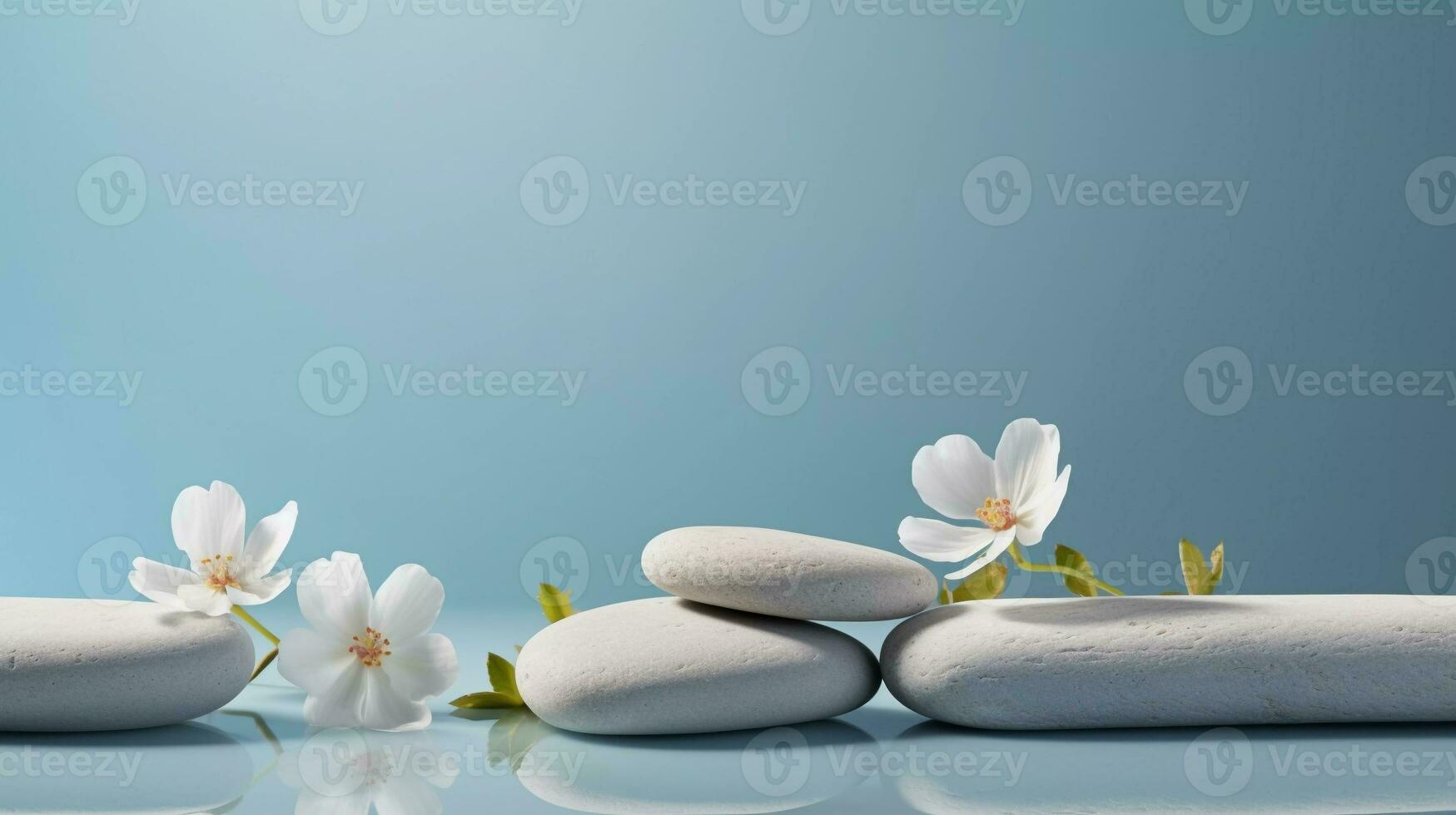 A minimalistic scene of a lying stone with flowers on a light blue background. Showcase for the presentation of natural products and cosmetics. photo