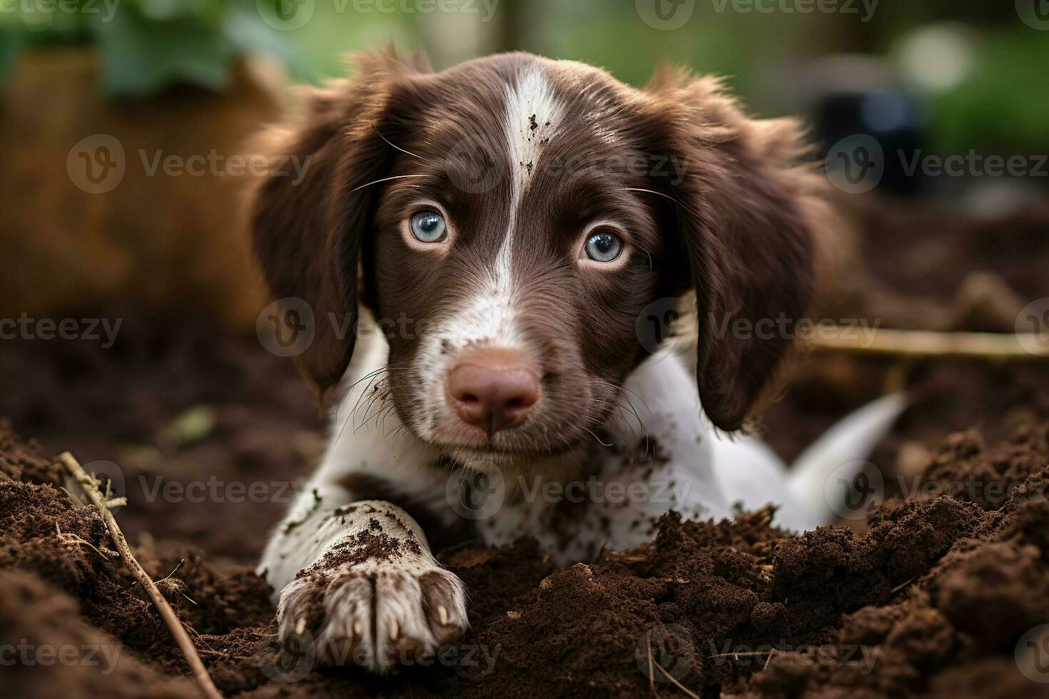 Close up dirty puppy playing in the garden. puppy with funny look. photo