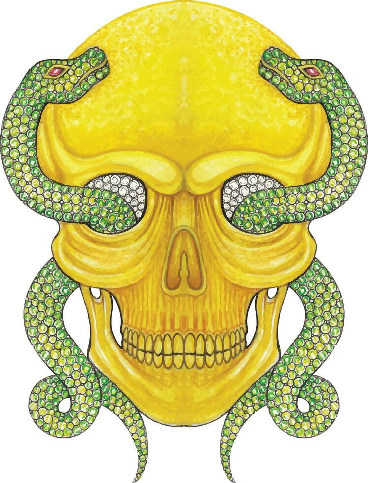 Jewelry design set with green sapphire snake and gold skull hand drawing and painting make graphic vector. vector