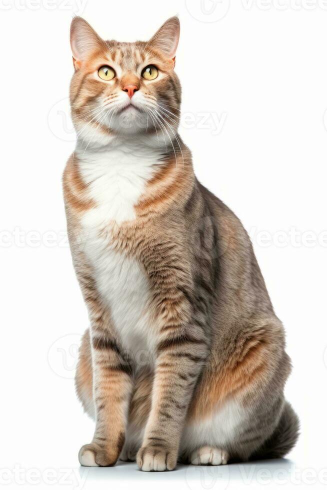 an orange and white striped cat sitting down on a white background generative AI photo