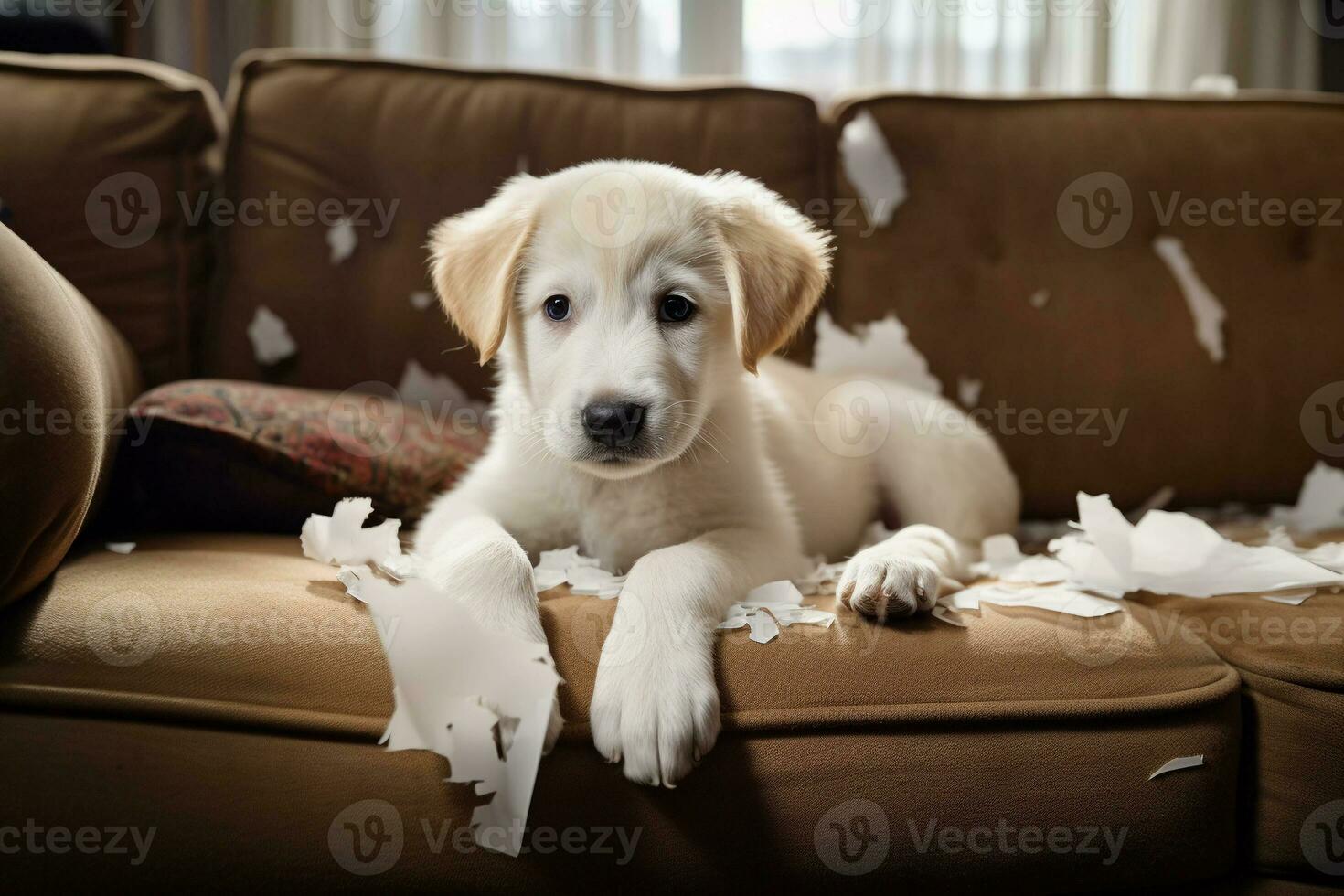 naughty playful puppy dog lying on couch at home. Guilty dog and destroyed living room. Damage messy home and puppy with funny guilty look. photo