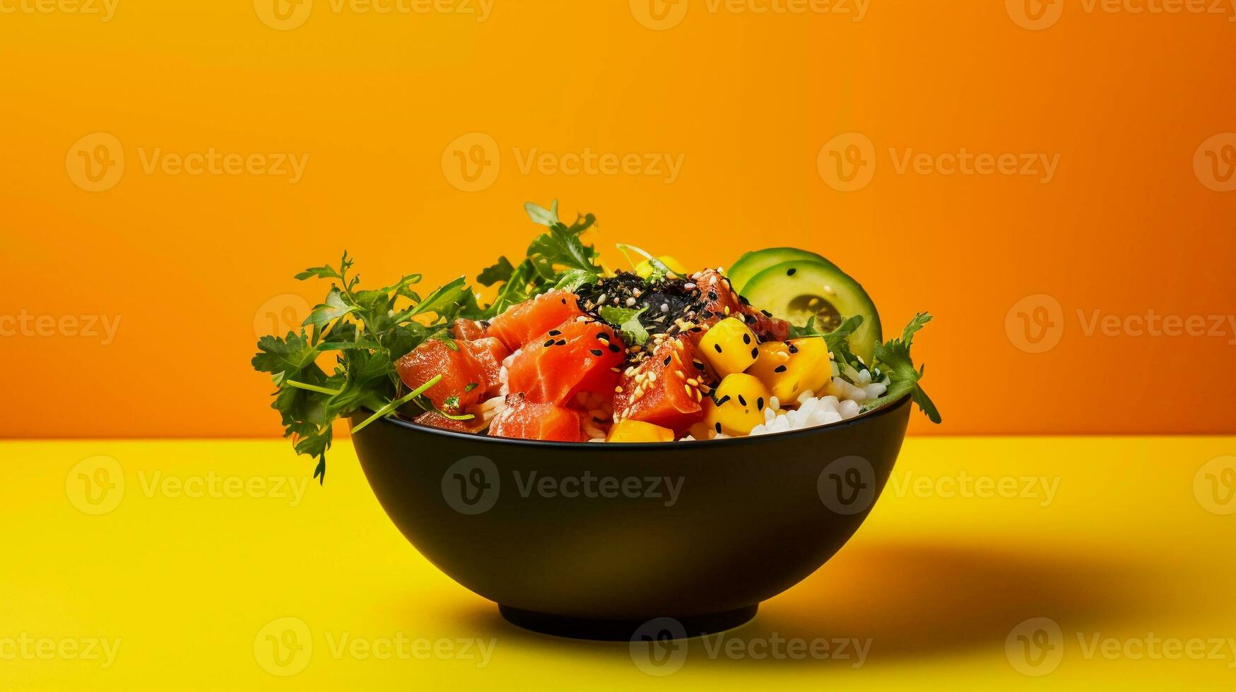 Delicious Japanese poke bowl presented in a professional studio with bright background photo