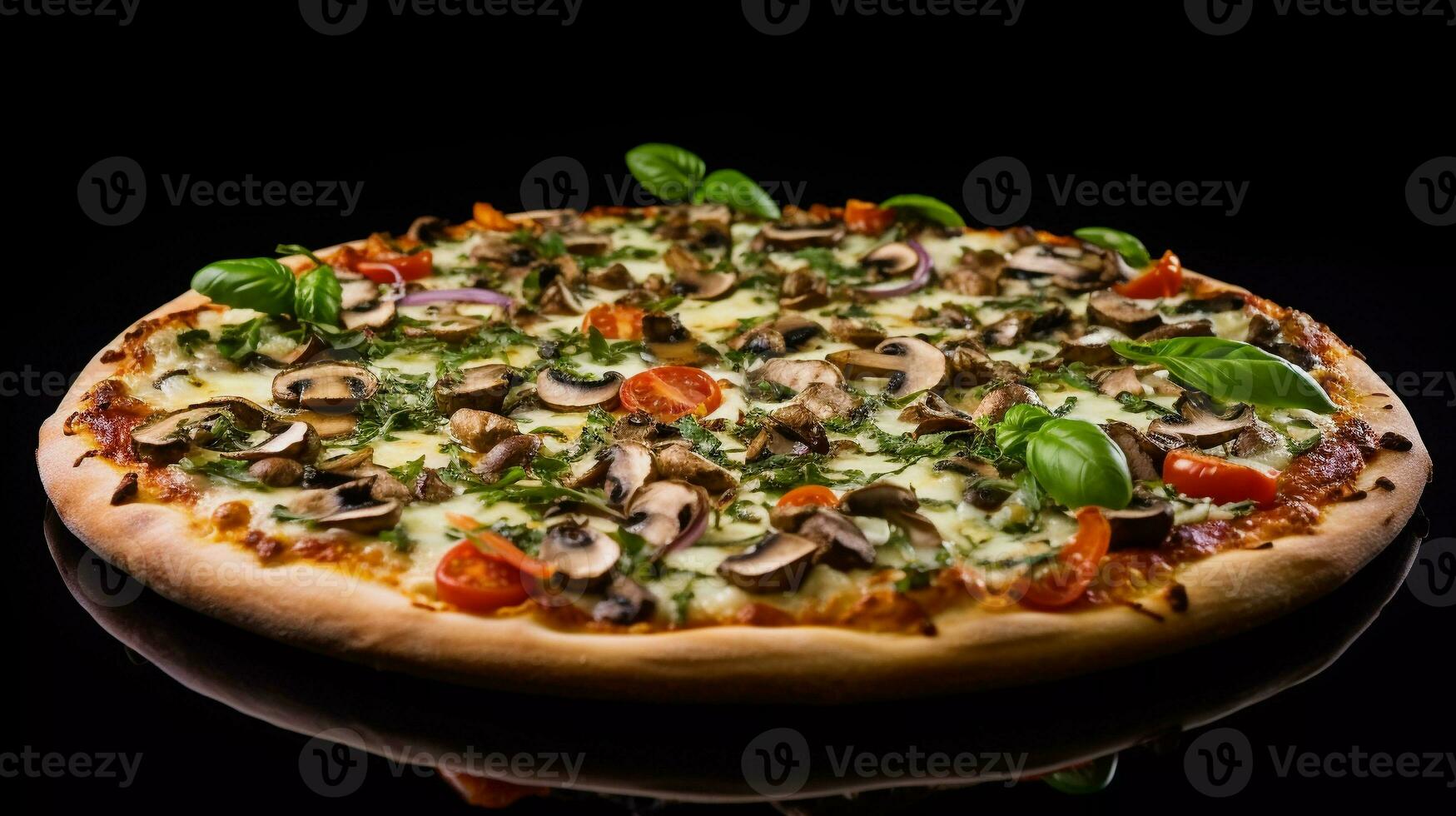 appetizing vegetarian pizza, composed with cherry tomatoes, garlic cloves, tomato puree, basil leaves, ricotta, grated parmesan, dried oregano, pesto, mushrooms as toppings photo