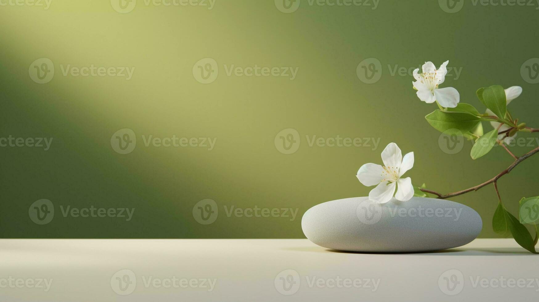 A minimalistic scene of a lying stone with white jasmine flowers on green background. Showcase for the presentation of natural products and cosmetics. photo