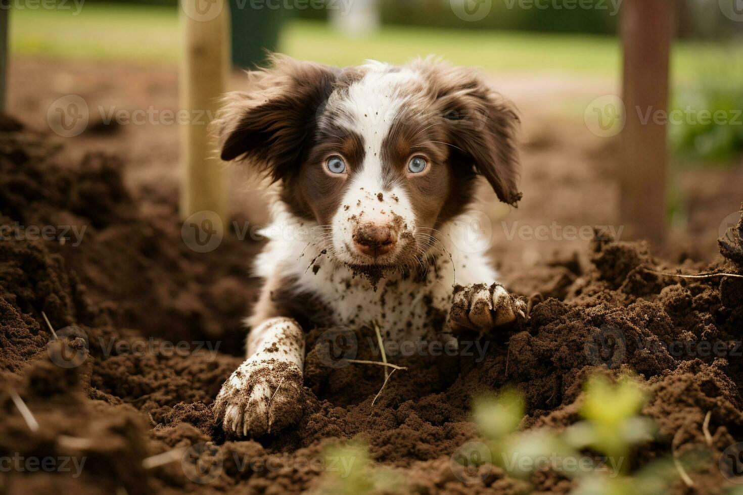 Close up dirty puppy playing in the garden. puppy with funny look. photo