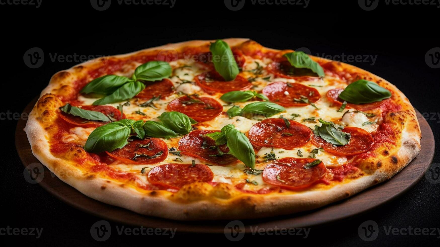 delicious pepperoni pizza, composed with garlic cloves, tomato puree, basil leaves, ricotta, dried oregano, pesto, red sauce, with three difference cheese as toppings photo