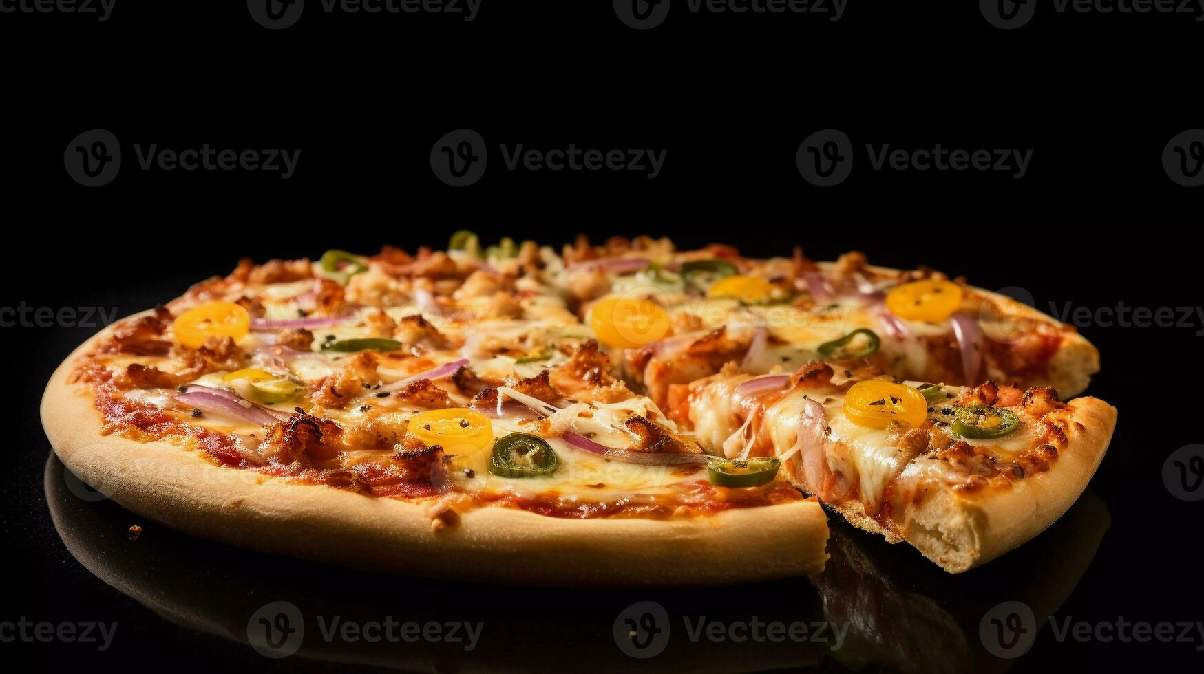 delicious pizza, composed with mozzarella cheese, American cheese, meat, red sauce, with three difference cheese as toppings photo