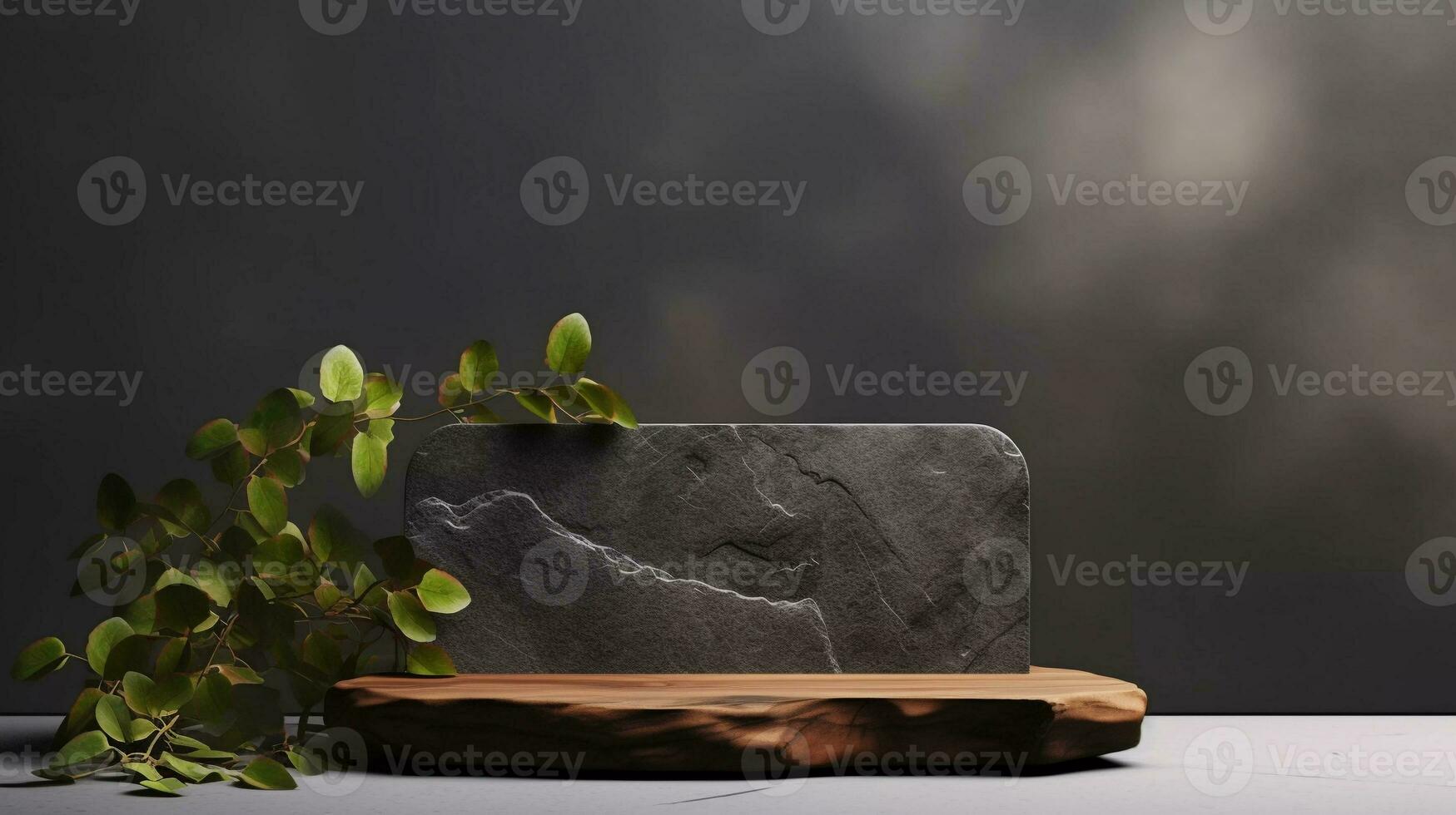 Autumn showcase made of black natural stone, autumn foliage for product promotion. Empty space with autumn leaves and stones on elegant black background photo