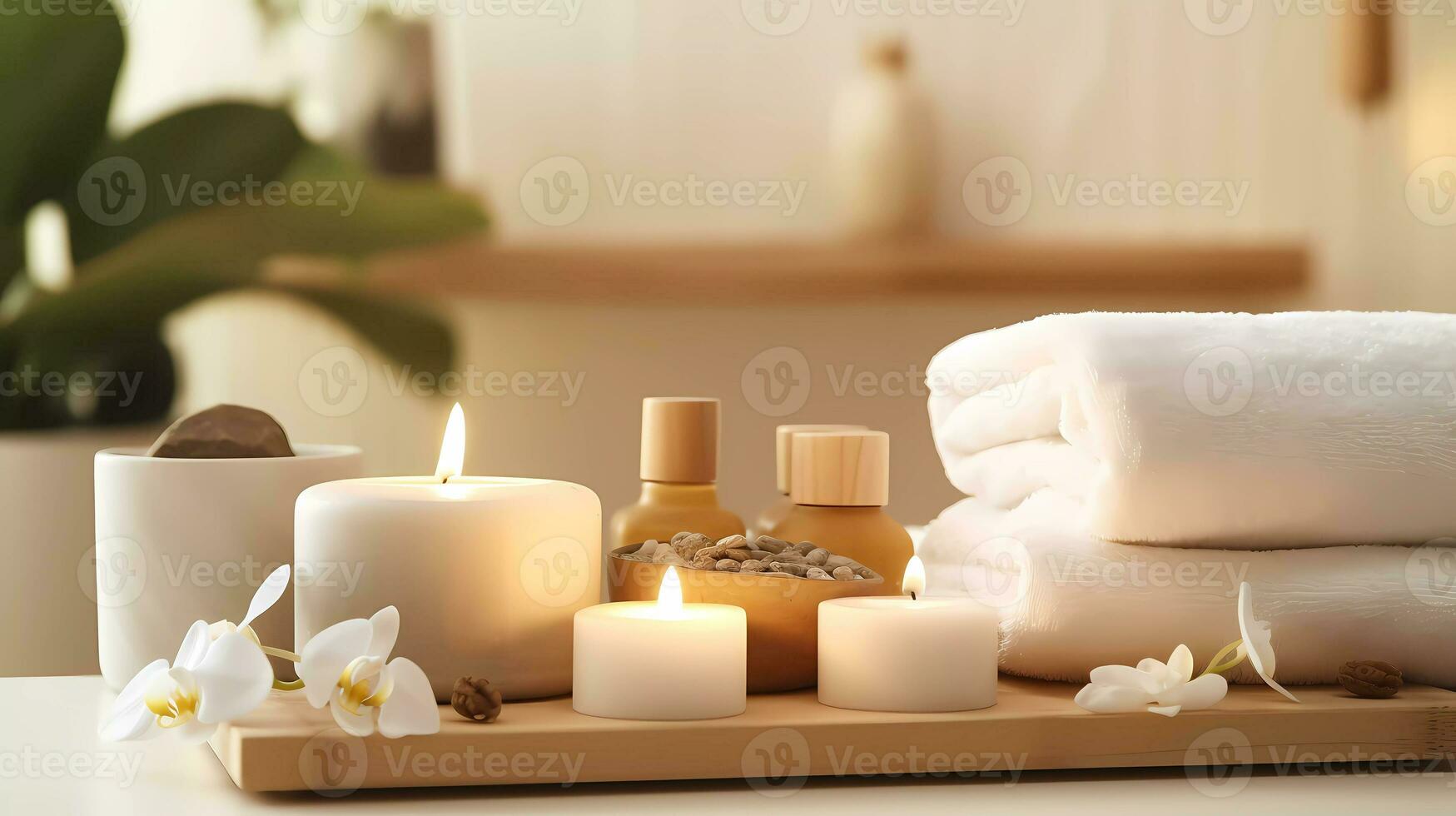 Spa accessory composition set in day spa hotel, beauty wellness centre. Spa product are placed in luxury spa resort room, ready for massage therapy from professional service. photo