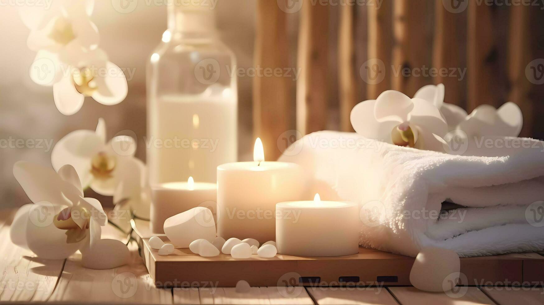 Spa accessory composition set in day spa hotel, beauty wellness centre. Spa product are placed in luxury spa resort room, ready for massage therapy from professional service. photo