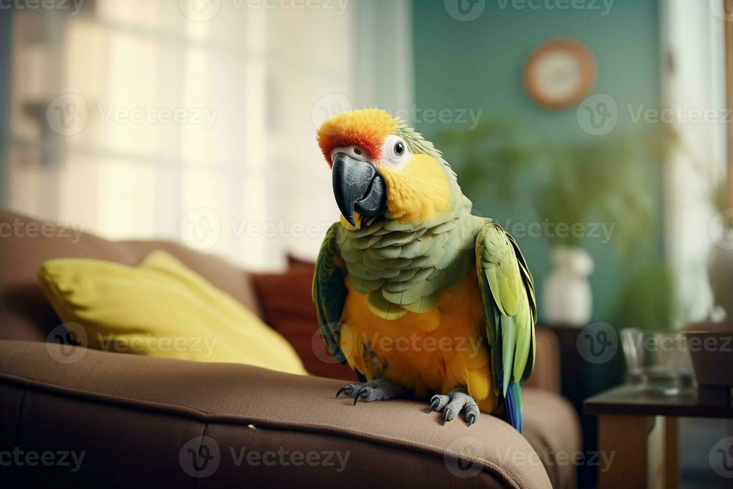 Cute Macaw Parrot Bird in Living Room. Macaw parrot bird with funny look photo