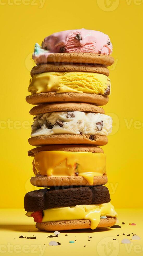 Set of various flavour of ice cream sandwiches on bright background photo