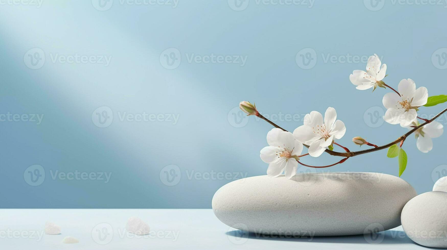 A minimalistic scene of a lying stone with flowers on a light blue background. Showcase for the presentation of natural products and cosmetics. photo