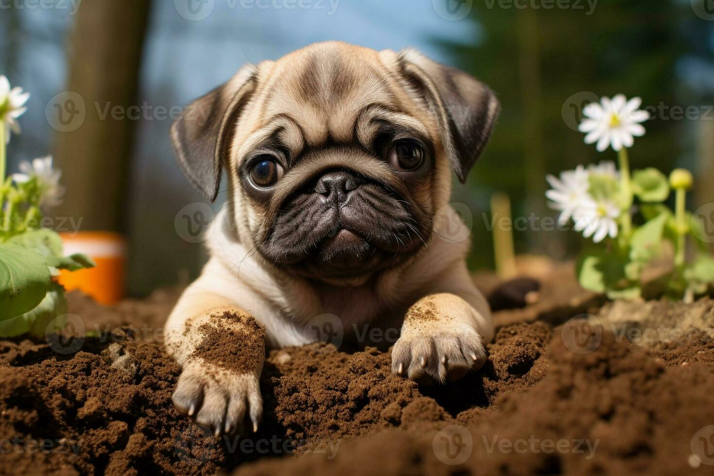 Close up dirty puppy playing in the garden. puppy with funny look. photo