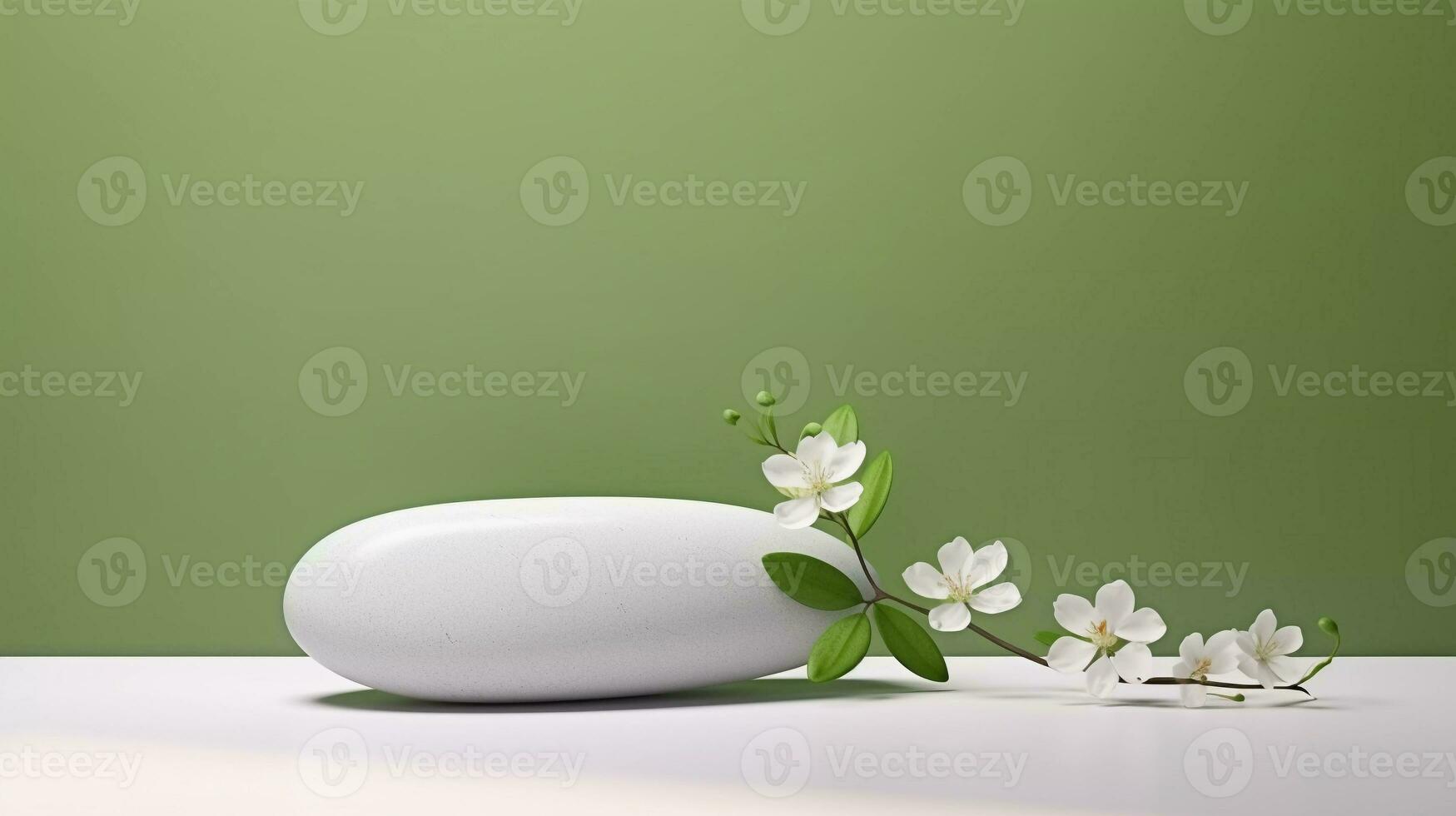 A minimalistic scene of a lying stone with white jasmine flowers on green background. Showcase for the presentation of natural products and cosmetics. photo