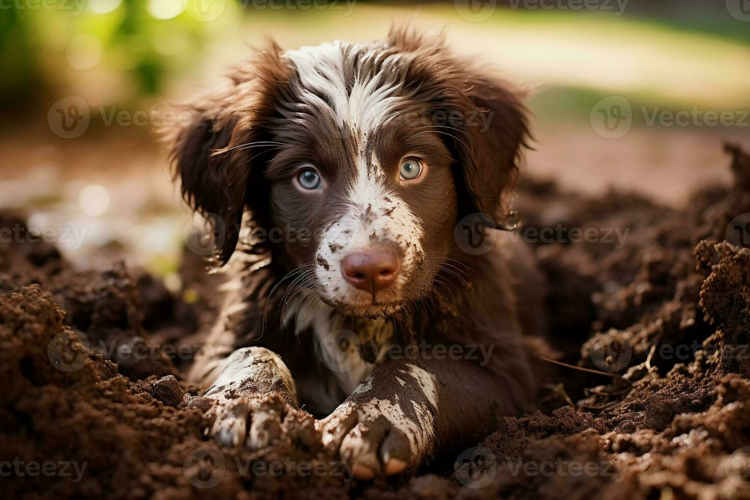 Close up dirty puppy playing in the garden. puppy with funny look. photo