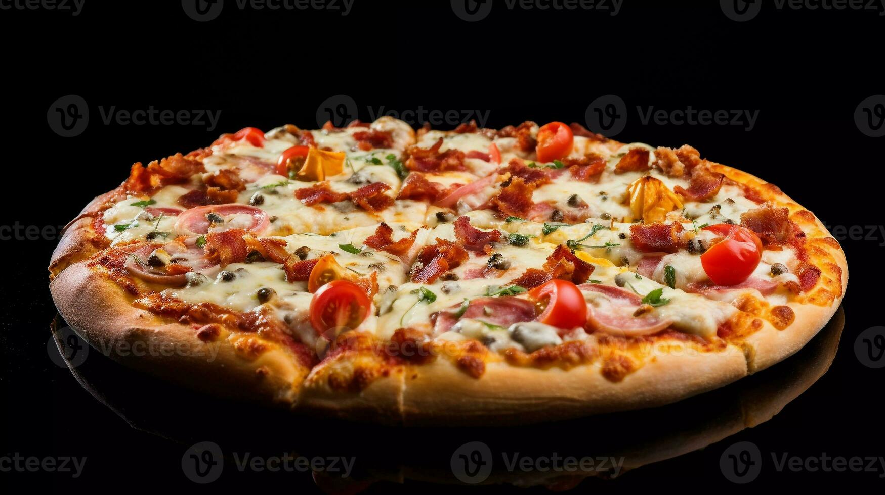 delicious pizza, composed with mozzarella cheese, American cheese, meat, red sauce, with three difference cheese as toppings photo