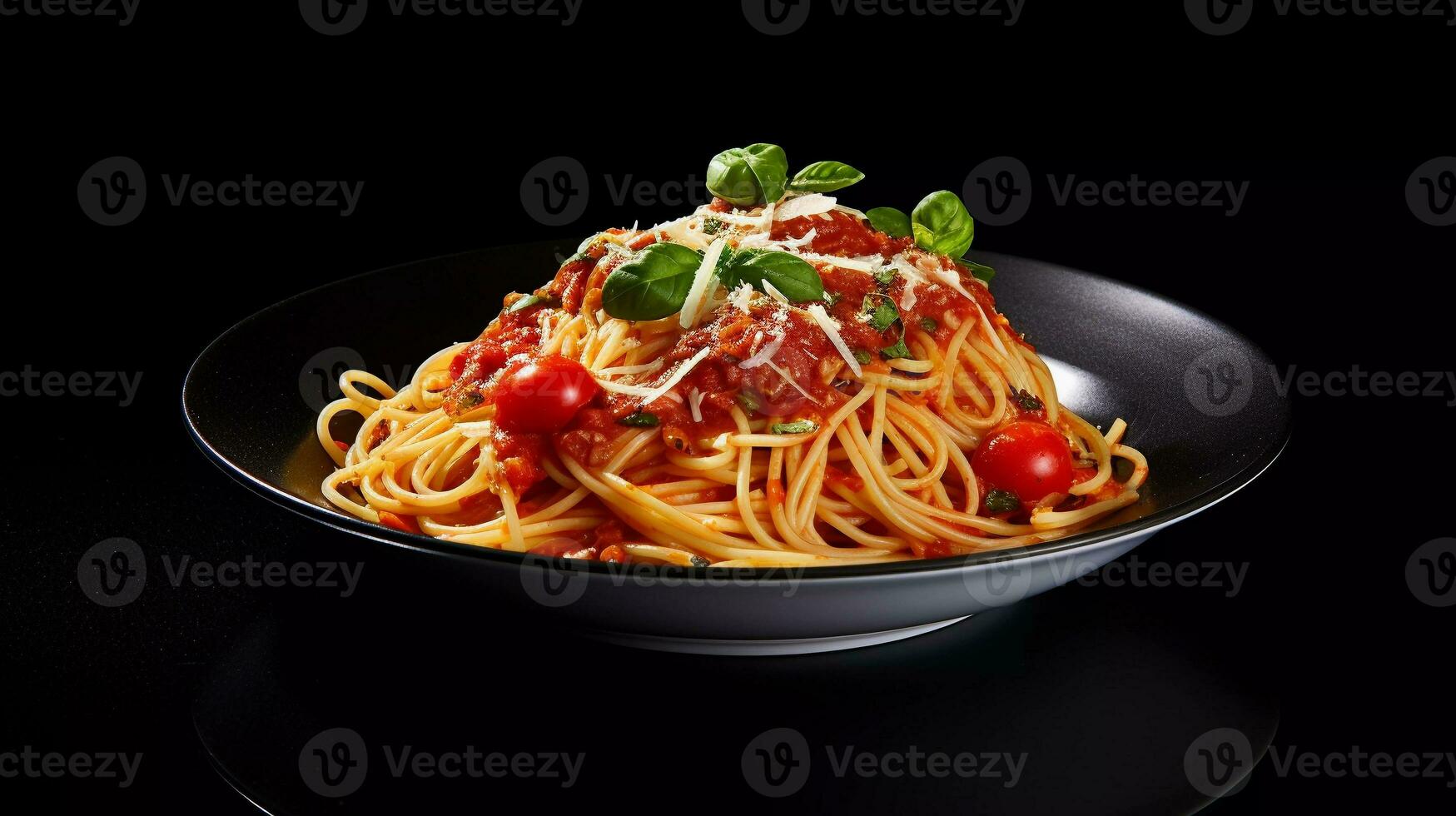 appetizing spaghetti Italian food composed with red sauce, topped with ketchup and cheese photo