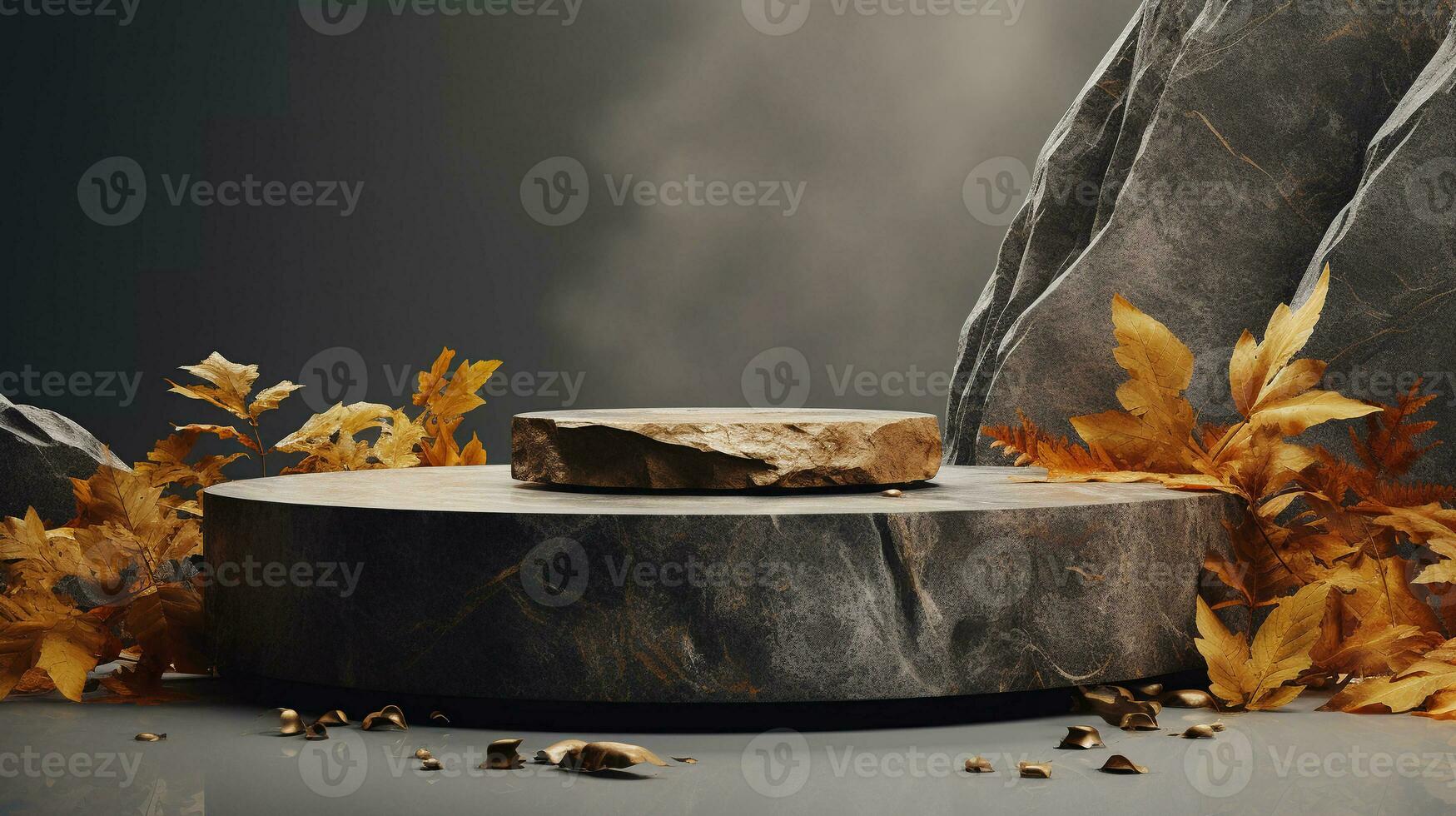 Autumn showcase made of black natural stone, autumn foliage for product promotion. Empty space with autumn leaves and stones on elegant black background photo
