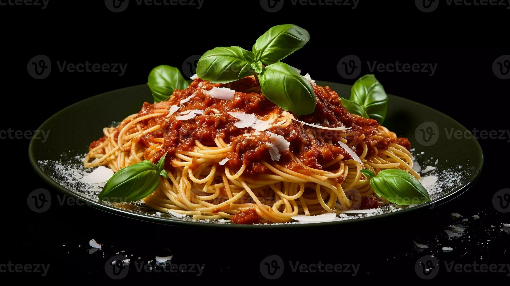 appetizing spaghetti Italian food composed with red sauce, topped with ketchup and cheese photo