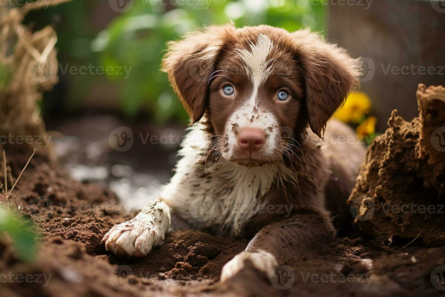 Close up dirty puppy playing in the garden. puppy with funny look. photo