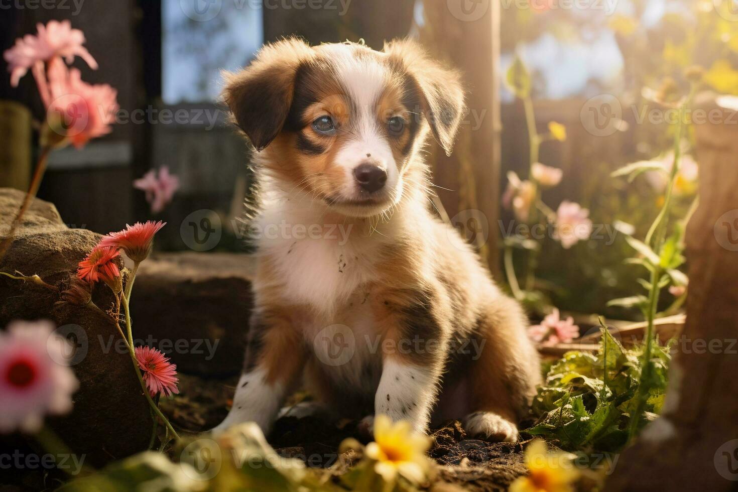 linda perrito en pequeño granja. perrito con gracioso Mira foto