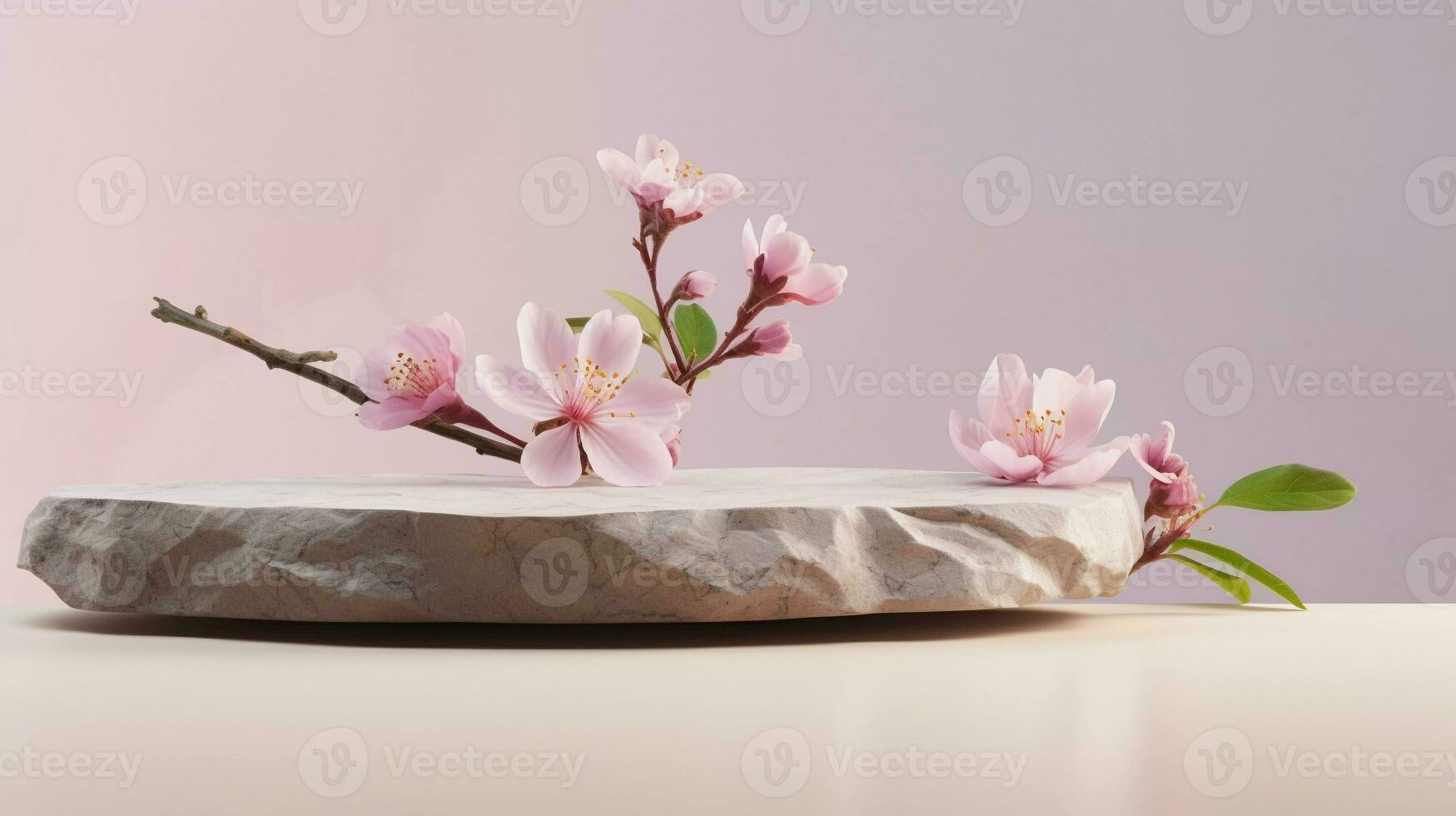 A minimalistic scene of a lying stone with flowers on a light pastel background. Showcase for the presentation of natural products and cosmetics. photo