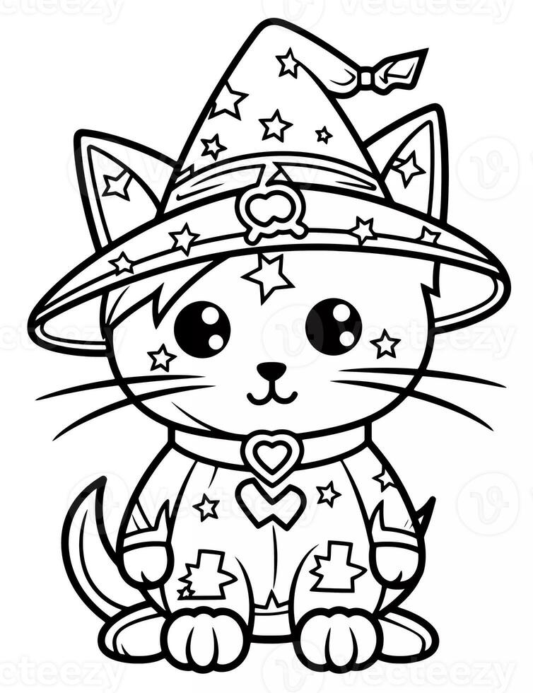 Coloring page Halloween cat. Coloring activity for kids. Black and white outline on white background. photo