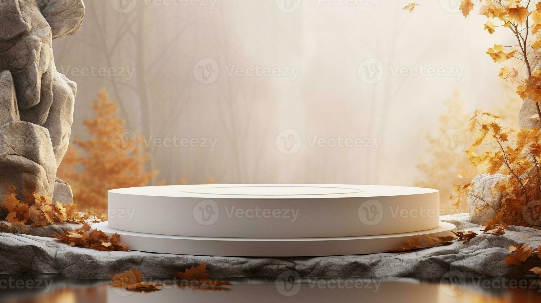 Autumn showcase made of white natural stone, autumn foliage for product promotion. Empty space with autumn leaves and stones on bright background photo