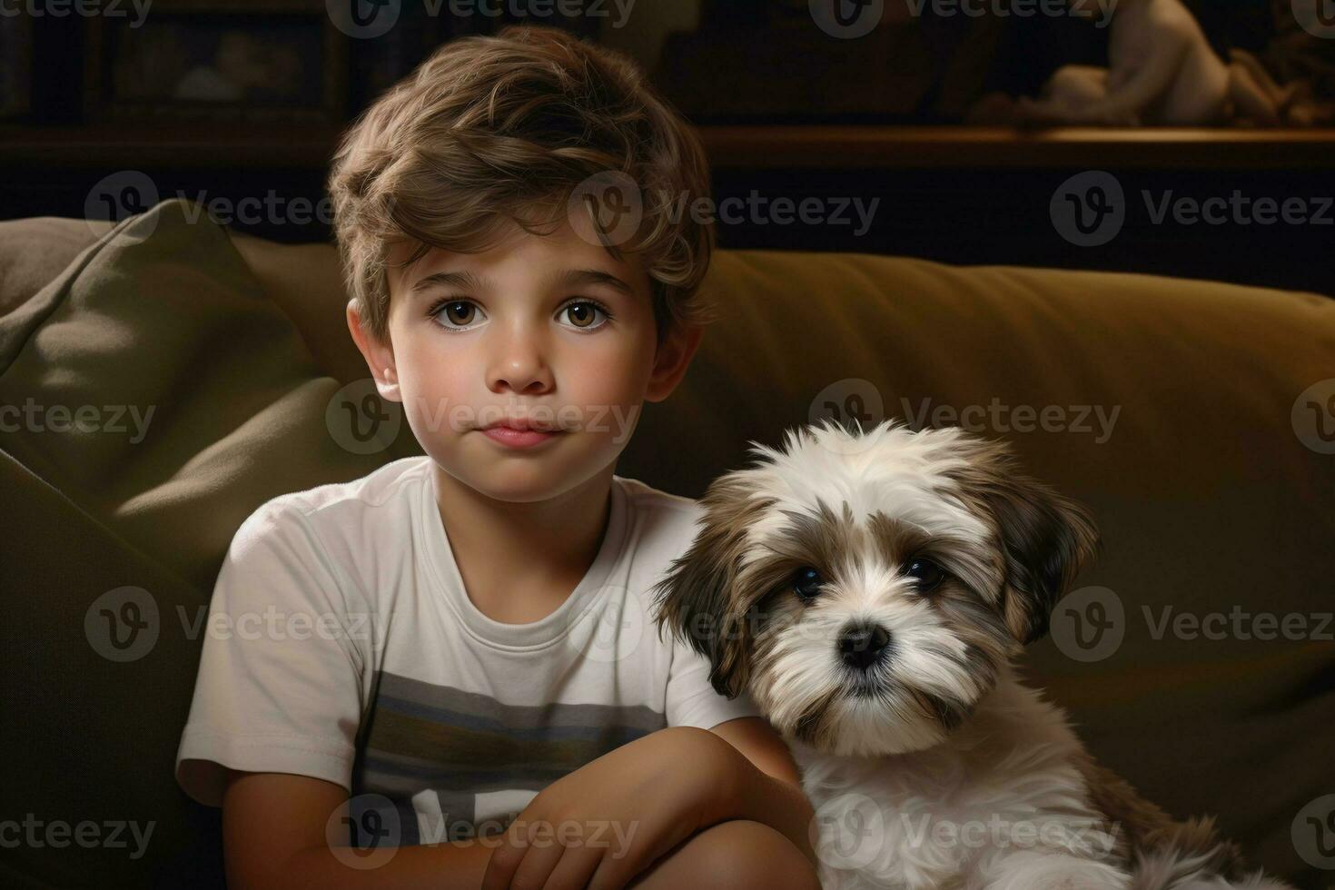 little boy is playing with his puppy in living room. happy cute little kid plays with dog photo