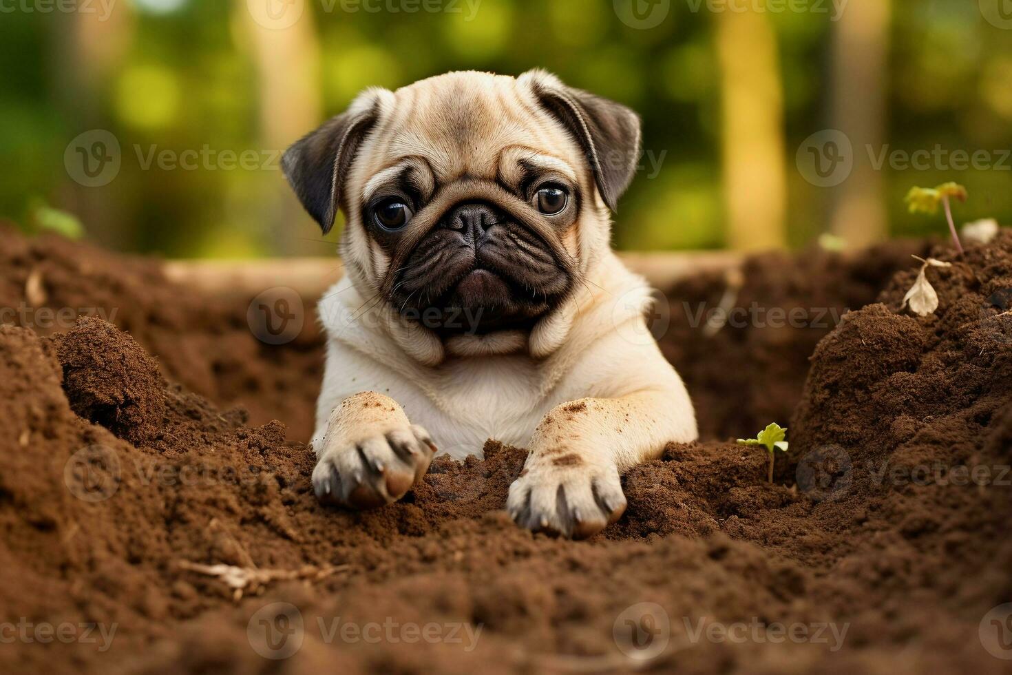 Close up dirty puppy playing in the garden. puppy with funny look. photo