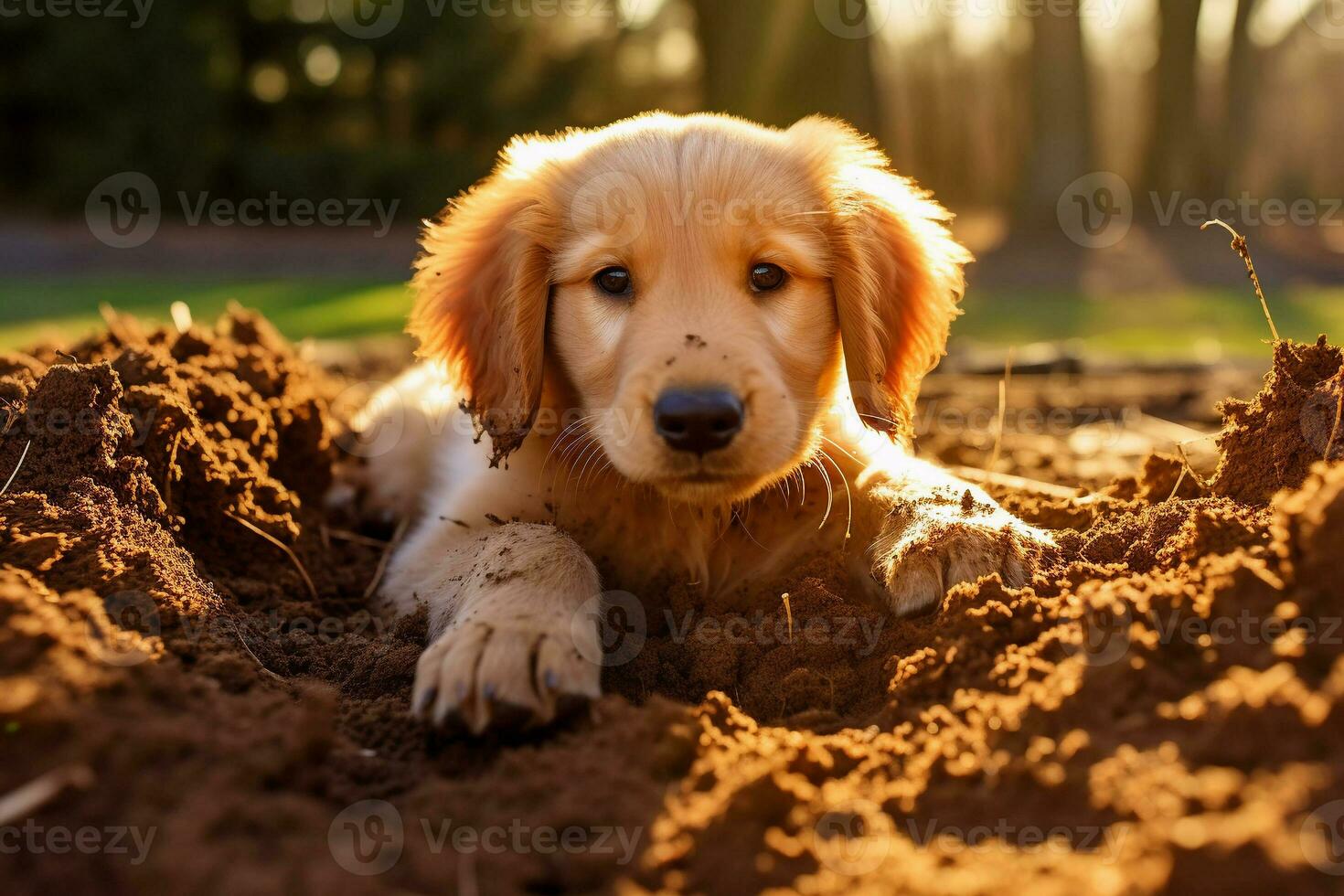 Close up dirty puppy playing in the garden. puppy with funny look. photo