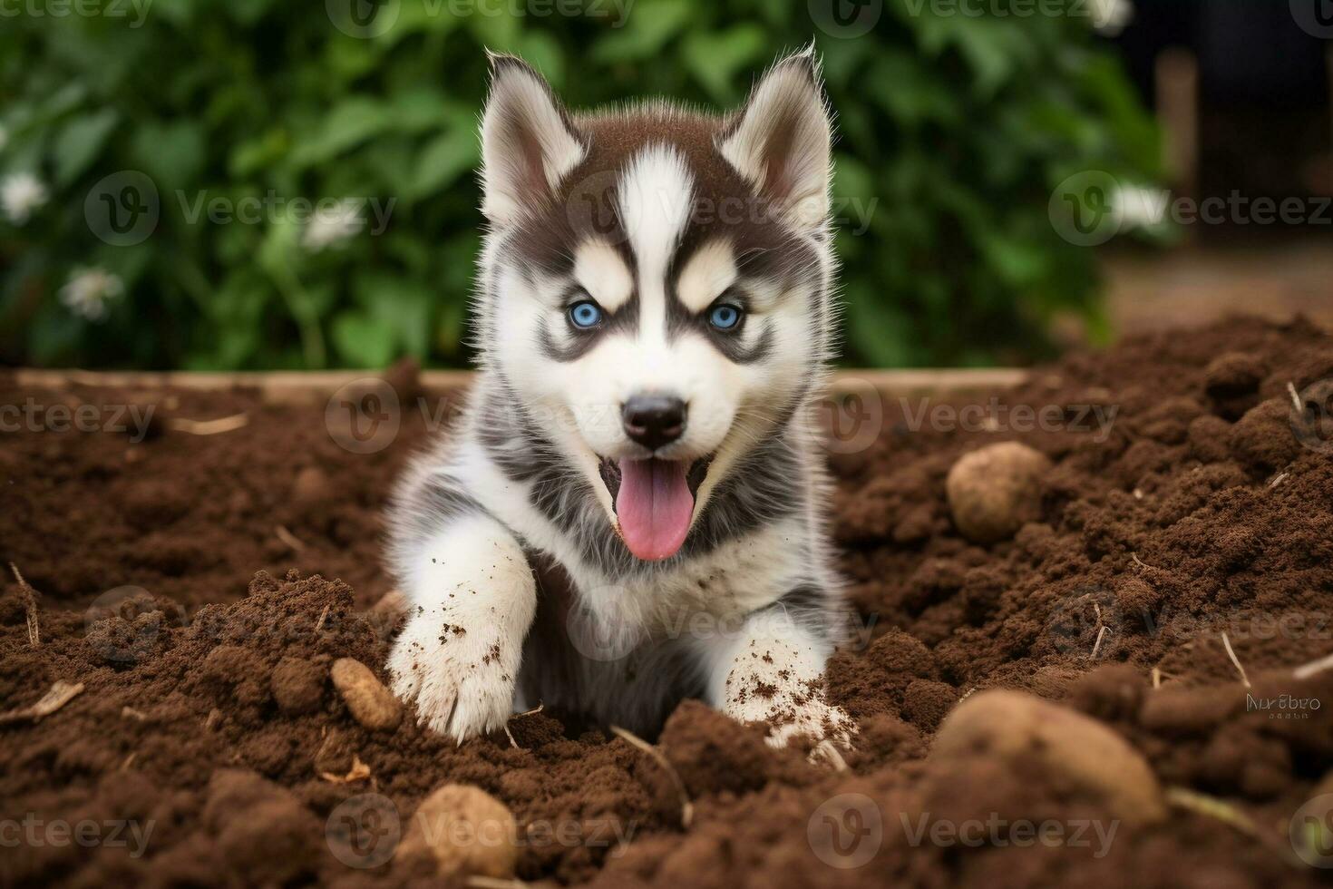 Close up dirty puppy playing in the garden. puppy with funny look. photo