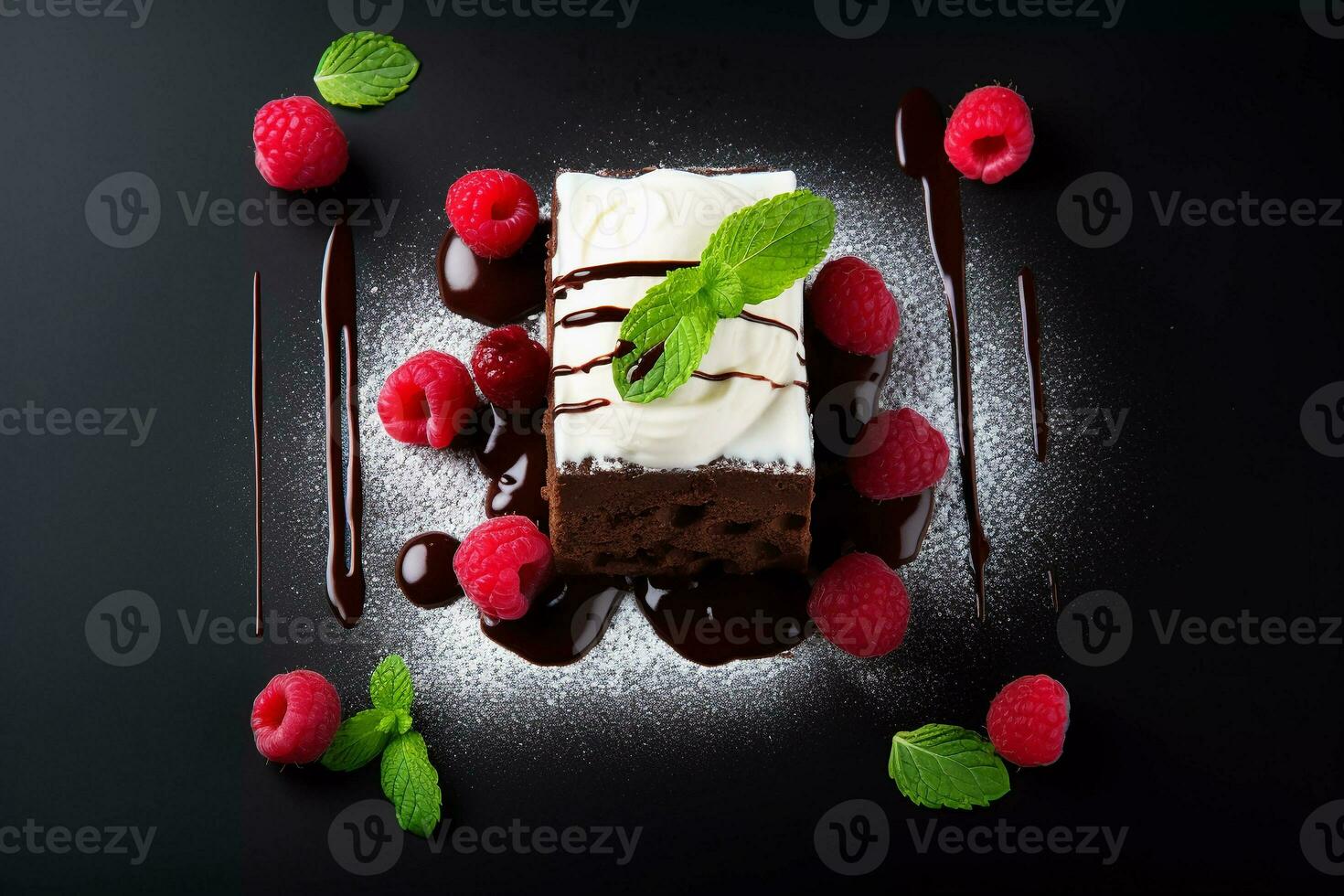 delicious chocolate cake with raspberries and herbs on a dark table. Chocolate cake. Wedding dessert. Birthday party. Delicious dessert. Traditional American dessert photo