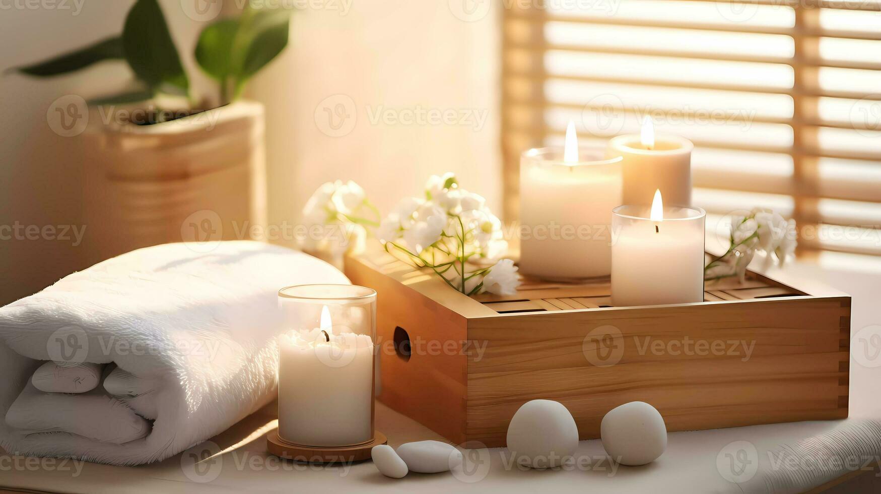 Spa accessory composition set in day spa hotel, beauty wellness centre. Spa product are placed in luxury spa resort room, ready for massage therapy from professional service. photo