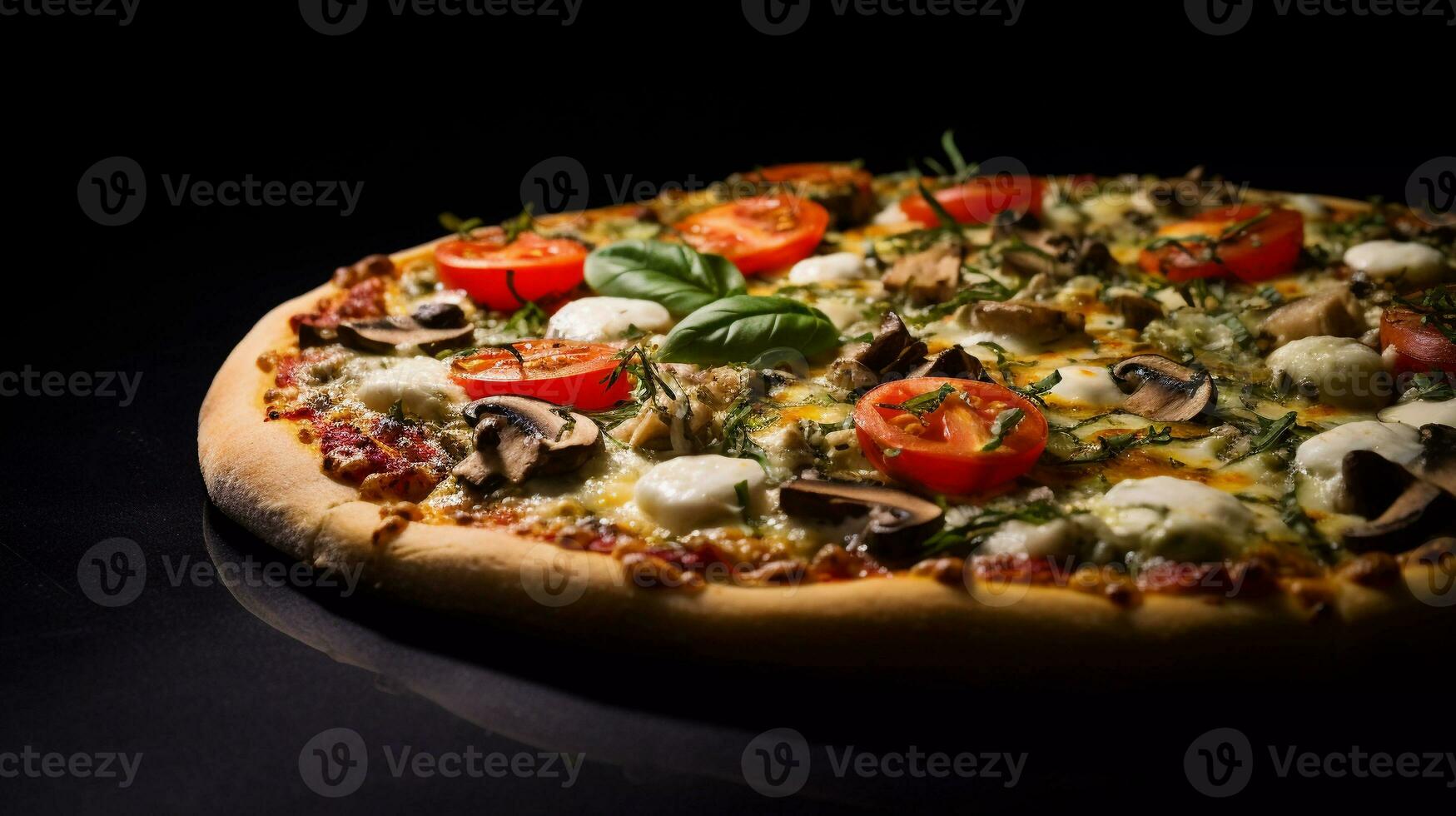 apetitoso vegetariano pizza, compuesto con Cereza Tomates, ajo clavos de olor, tomate puré, albahaca hojas, ricotta, rallado parmesano, seco orégano, pesto, hongos como coberturas foto
