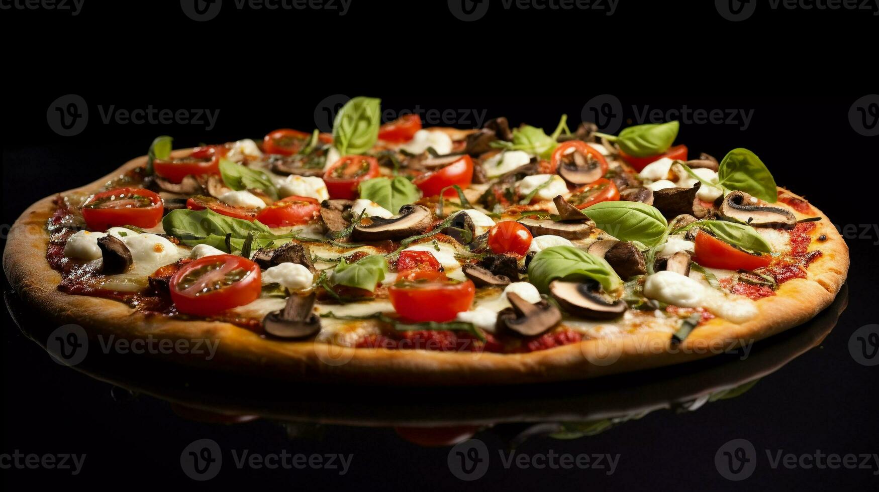 appetizing vegetarian pizza, composed with cherry tomatoes, garlic cloves, tomato puree, basil leaves, ricotta, grated parmesan, dried oregano, pesto, mushrooms as toppings photo