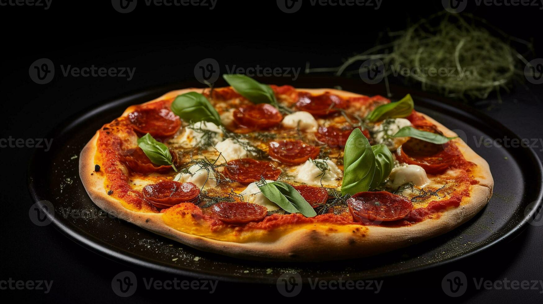 delicious pepperoni pizza, composed with garlic cloves, tomato puree, basil leaves, ricotta, dried oregano, pesto, red sauce, with three difference cheese as toppings photo