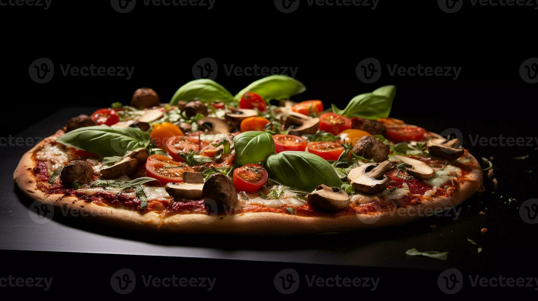 appetizing vegetarian pizza, composed with cherry tomatoes, garlic cloves, tomato puree, basil leaves, ricotta, grated parmesan, dried oregano, pesto, mushrooms as toppings photo