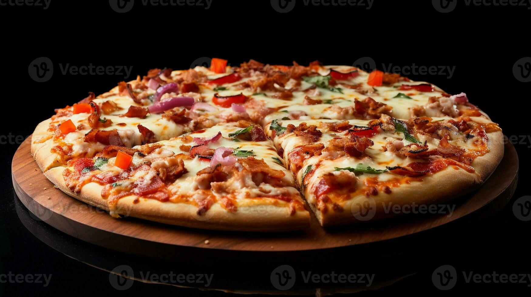 delicious pizza, composed with mozzarella cheese, American cheese, meat, red sauce, with three difference cheese as toppings photo