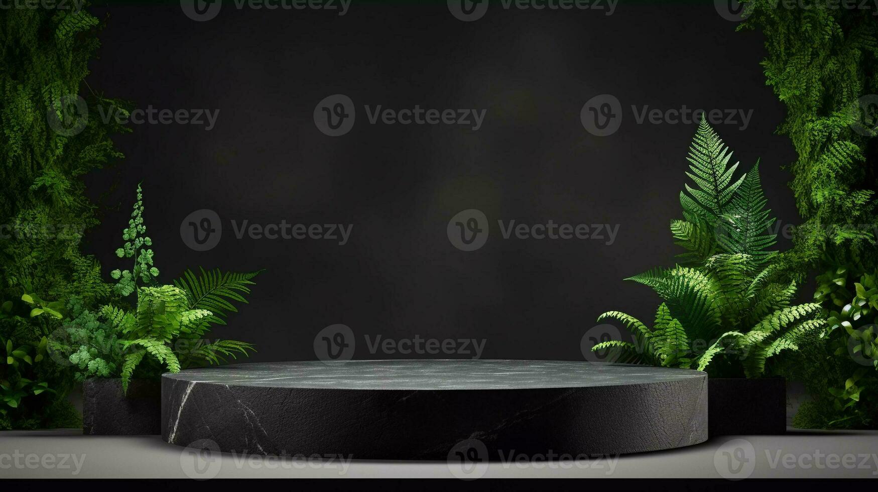 Black stone product podium for product display with green plants around the podium photo