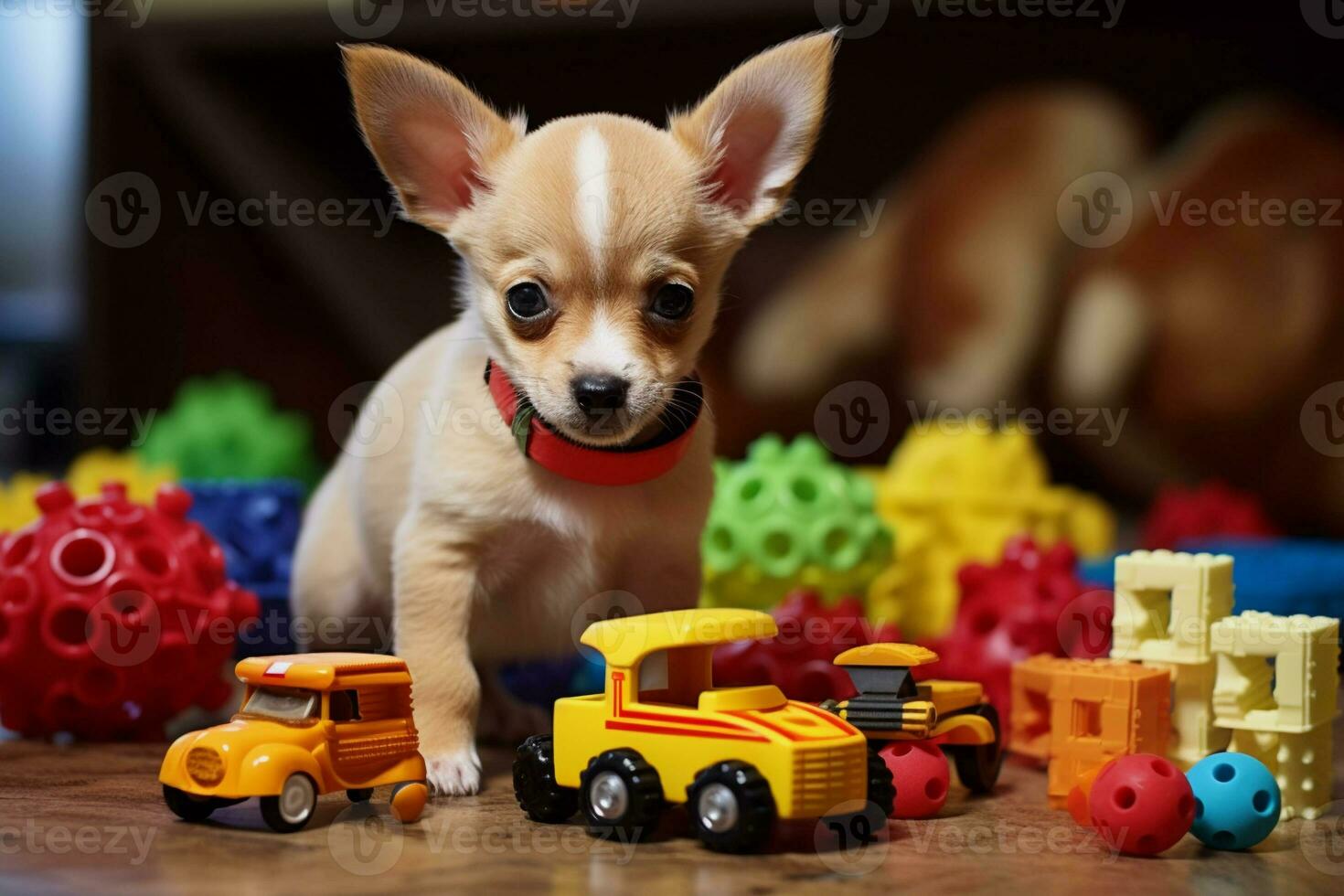 linda perrito jugando con su juguetes en vivo habitación. perrito con gracioso mirar. foto