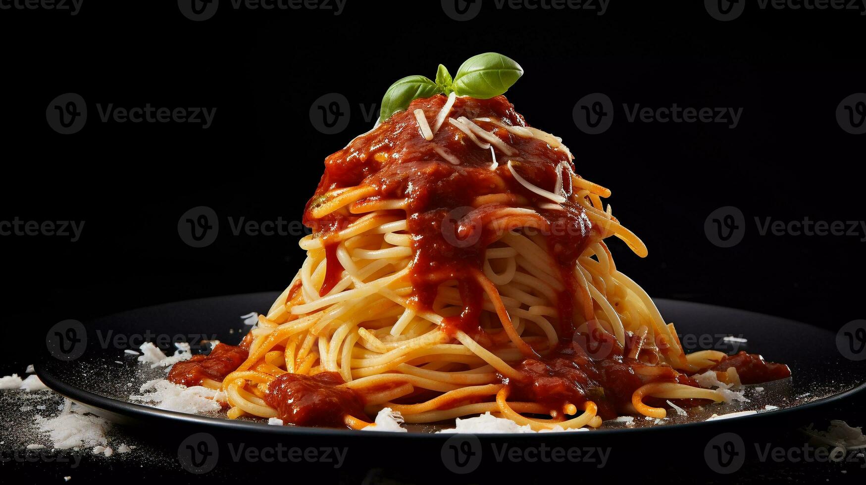 appetizing spaghetti Italian food composed with red sauce, topped with ketchup and cheese photo