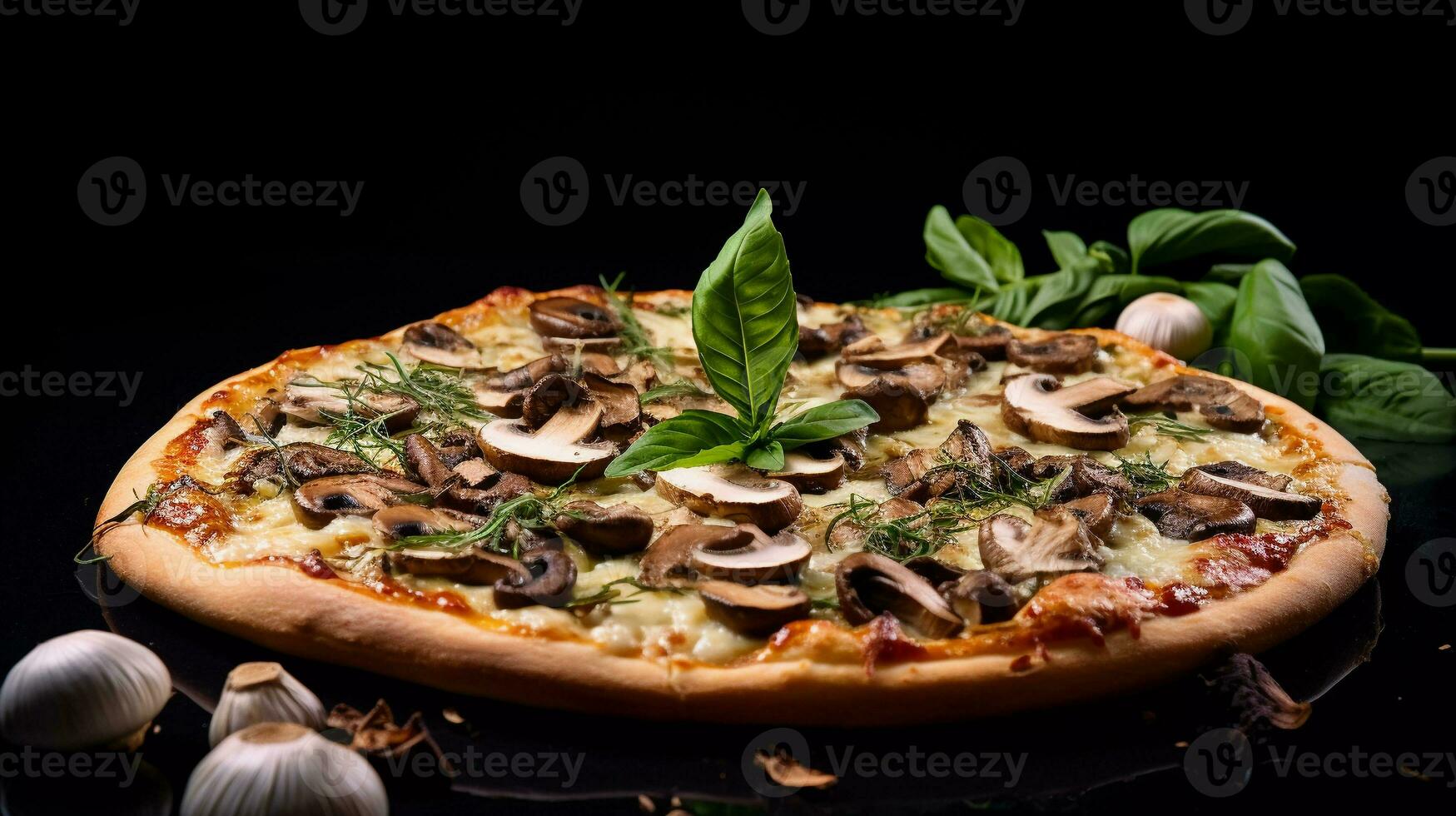 appetizing vegetarian pizza, composed with cherry tomatoes, garlic cloves, tomato puree, basil leaves, ricotta, grated parmesan, dried oregano, pesto, mushrooms as toppings photo
