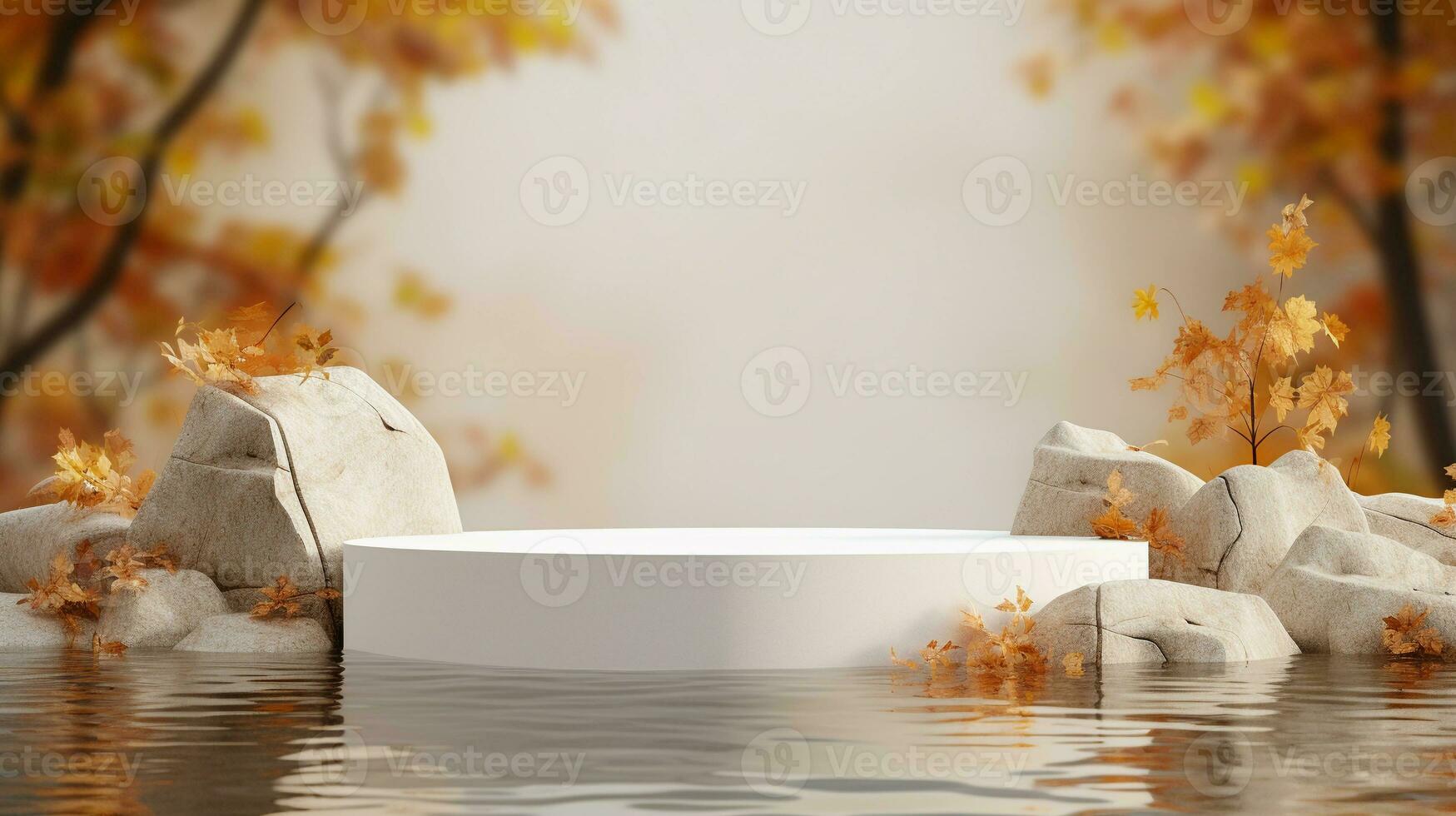 Autumn showcase made of white natural stone, autumn foliage for product promotion. Empty space with autumn leaves and stones on bright background photo